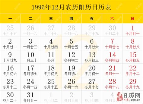 1996年12月22日|1996年日历表,1996年农历表（阴历阳历节日对照表）